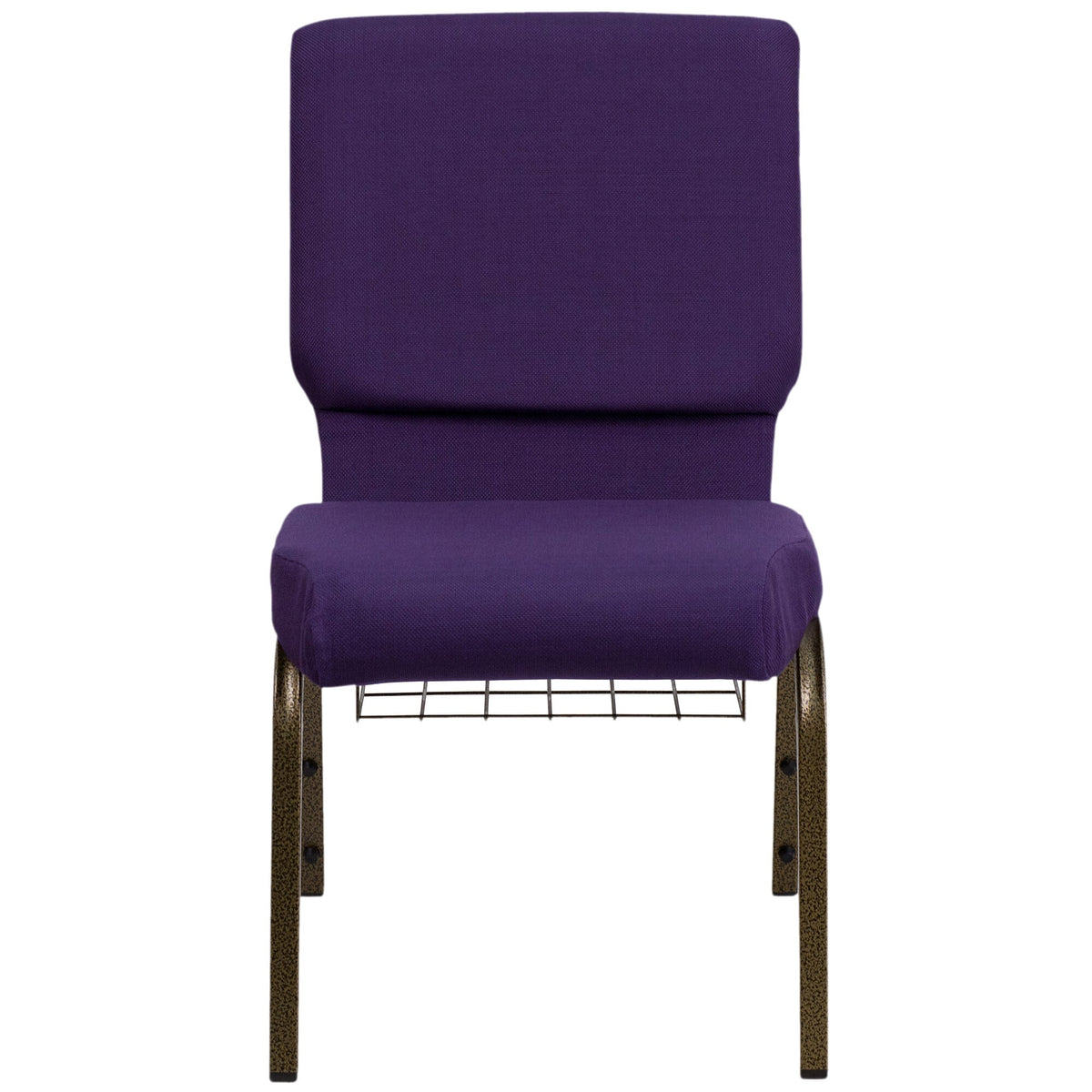 A close-up of a TITAN Royal Purple church chair with a gold vein metal frame and a communion cup book rack.