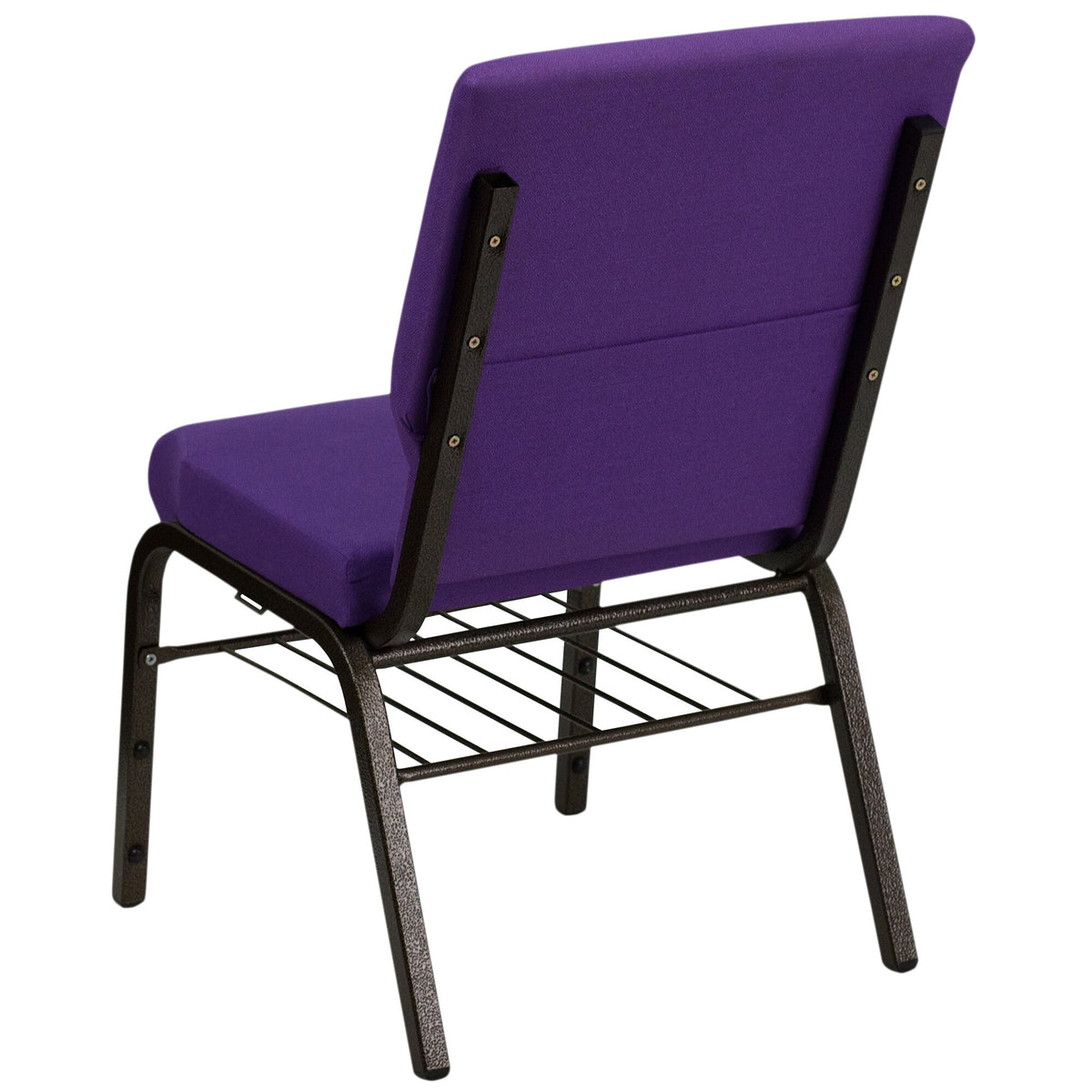 A purple TITAN church chair with a gold metal frame and a book rack.