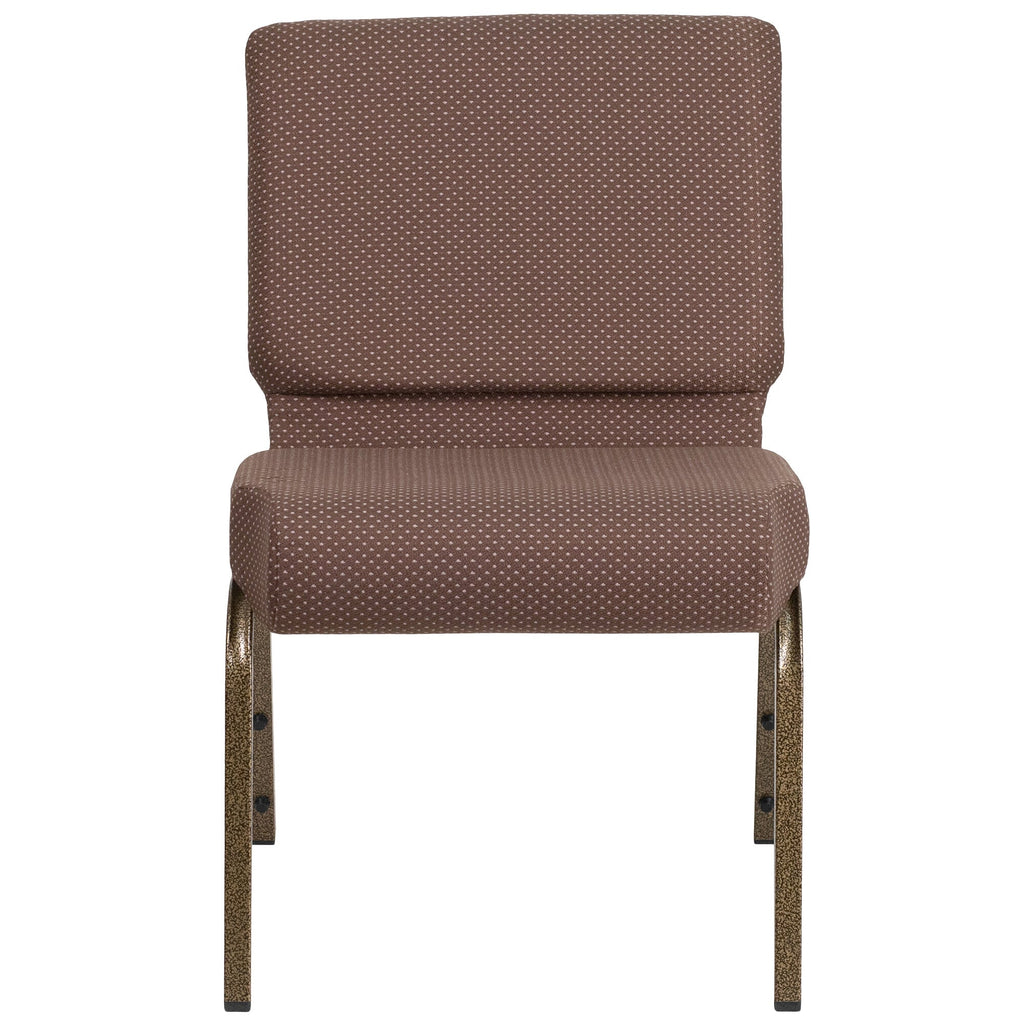 A brown TITAN church chair with white dots on the fabric and a gold vein frame.