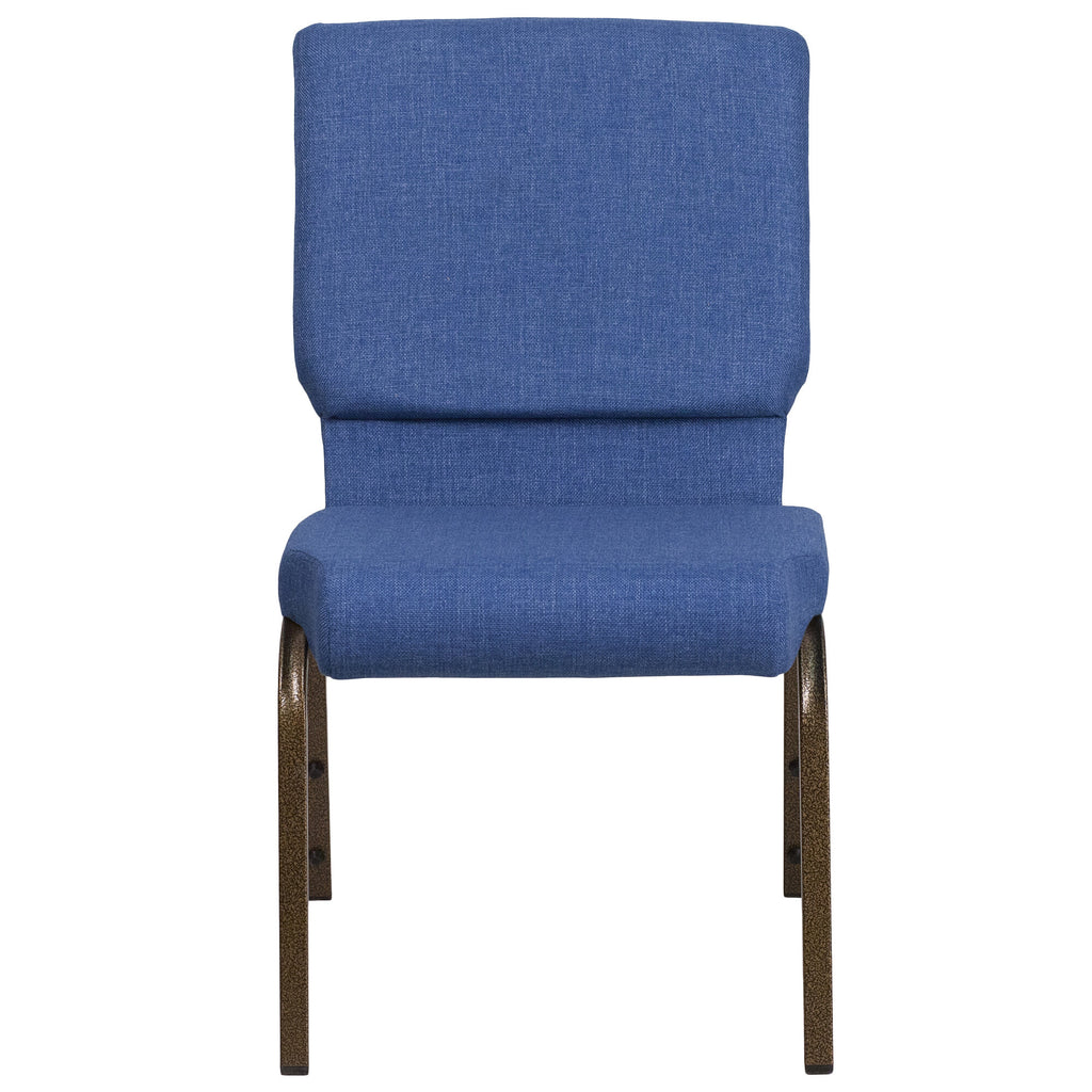 A blue church chair with a gold vein frame and wooden legs.