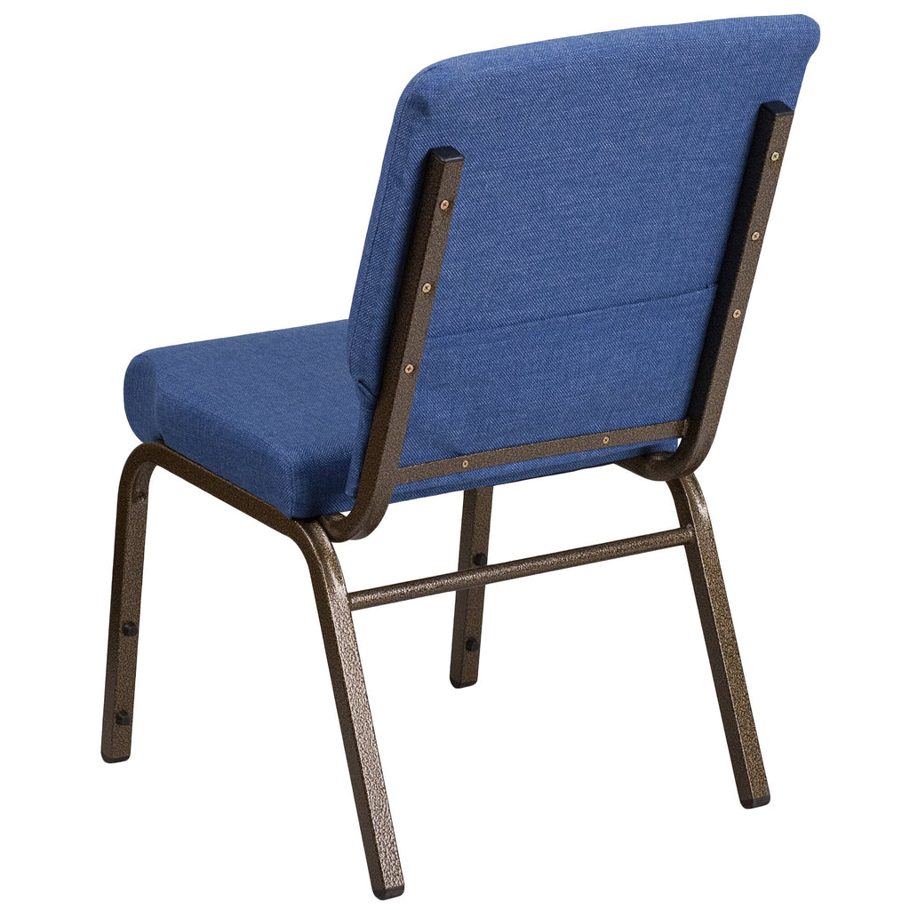 A blue church chair with metal legs.
