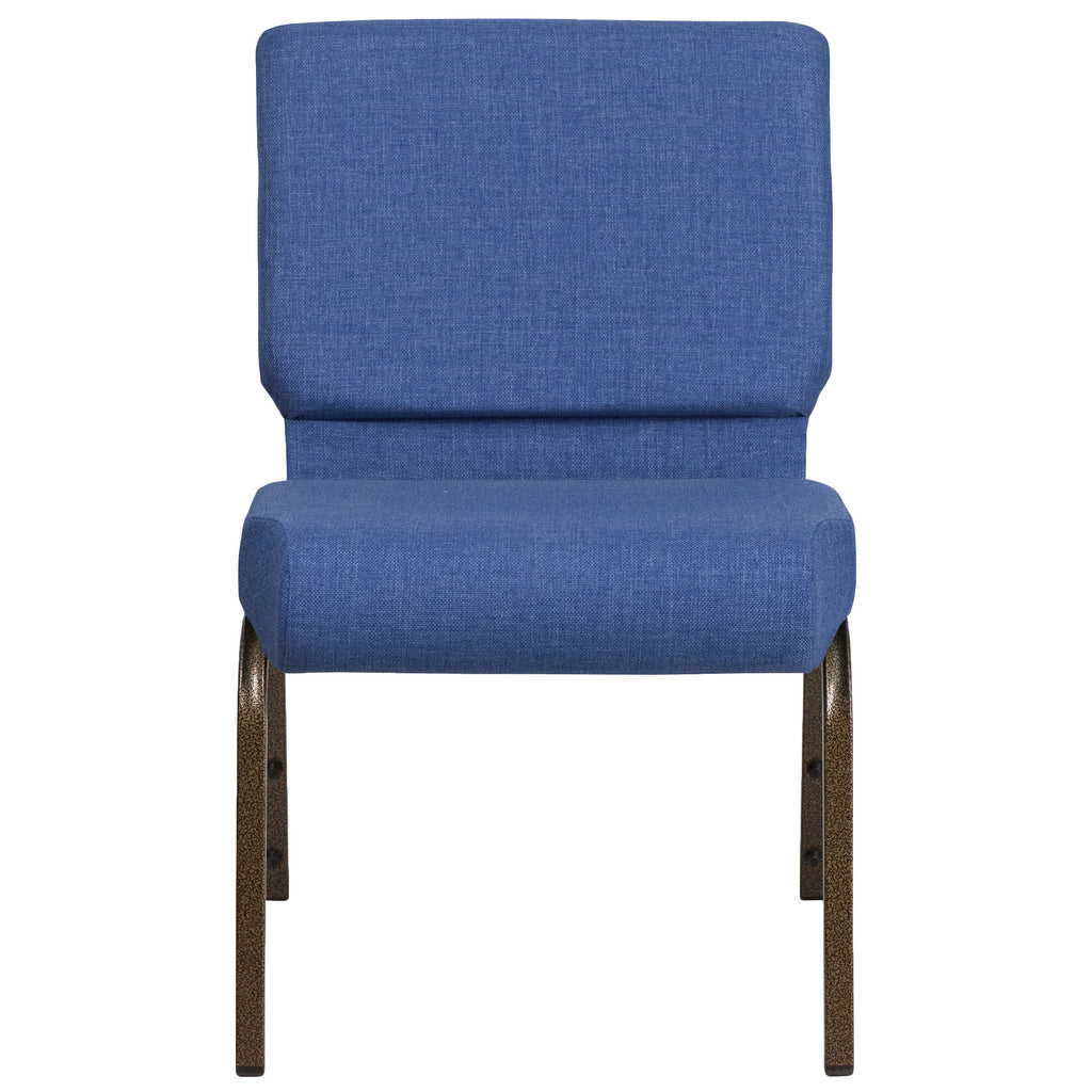 A TITAN blue church chair with wooden legs.