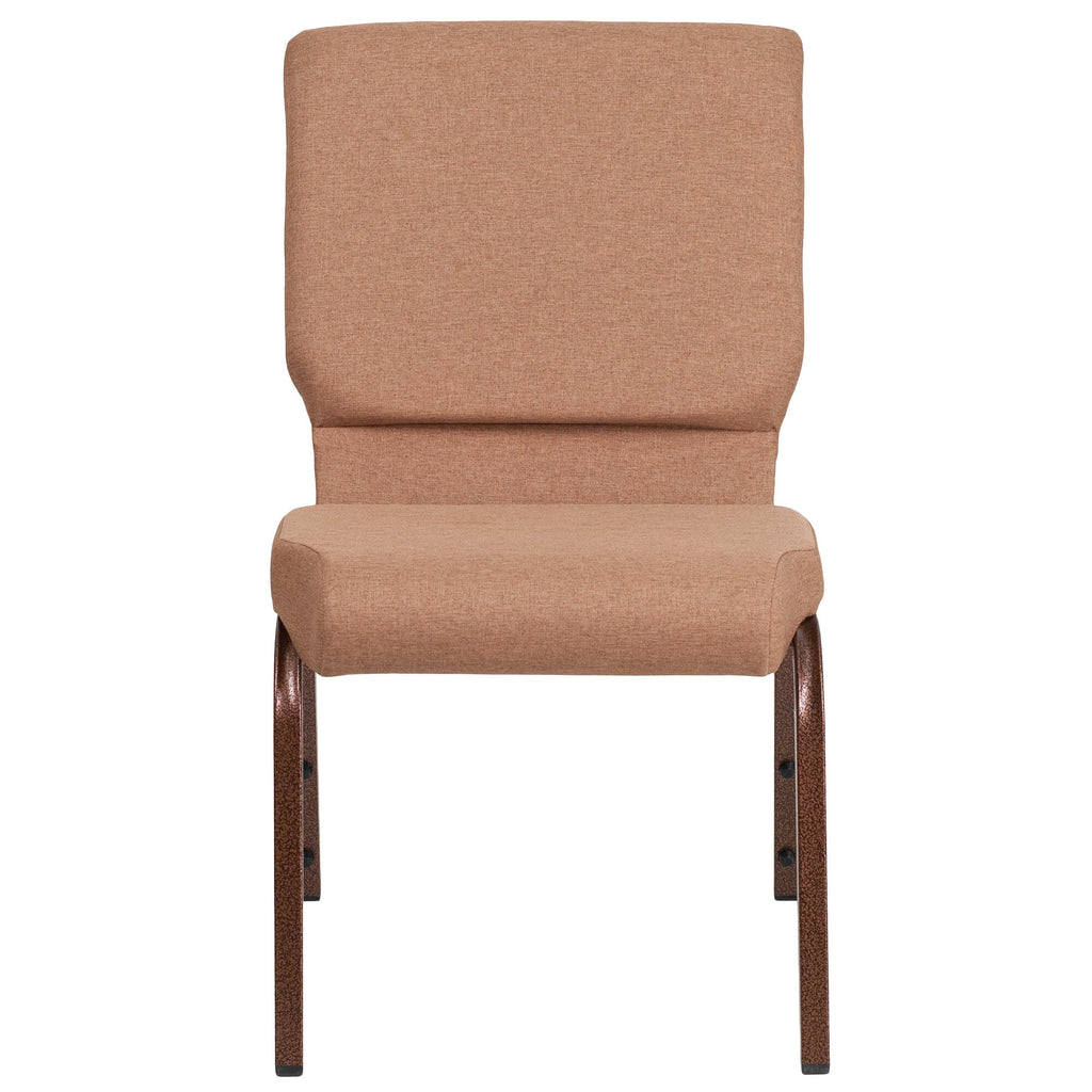 A brown church chair with a brown cushion and metal legs.