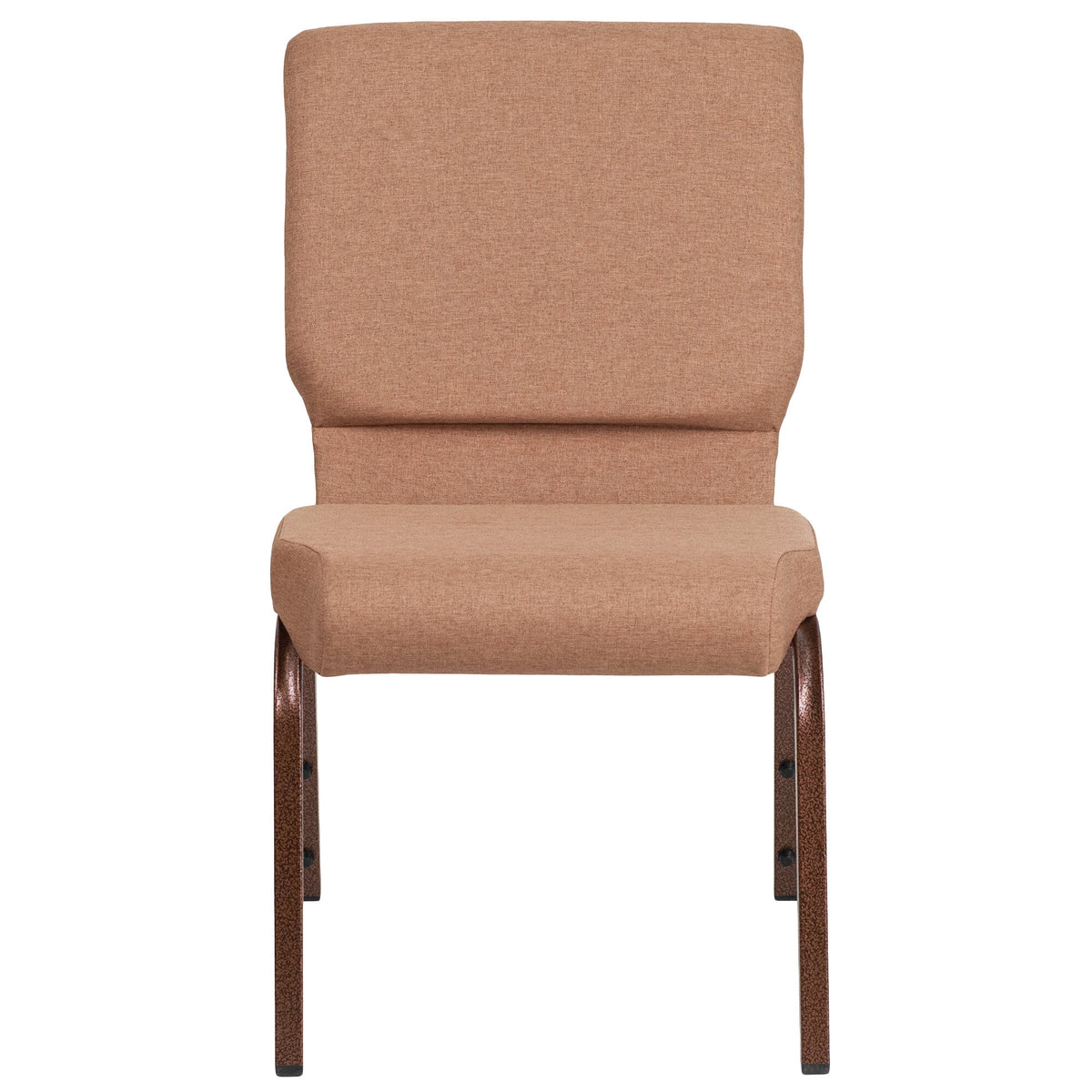 A brown church chair with a brown cushion and metal legs.