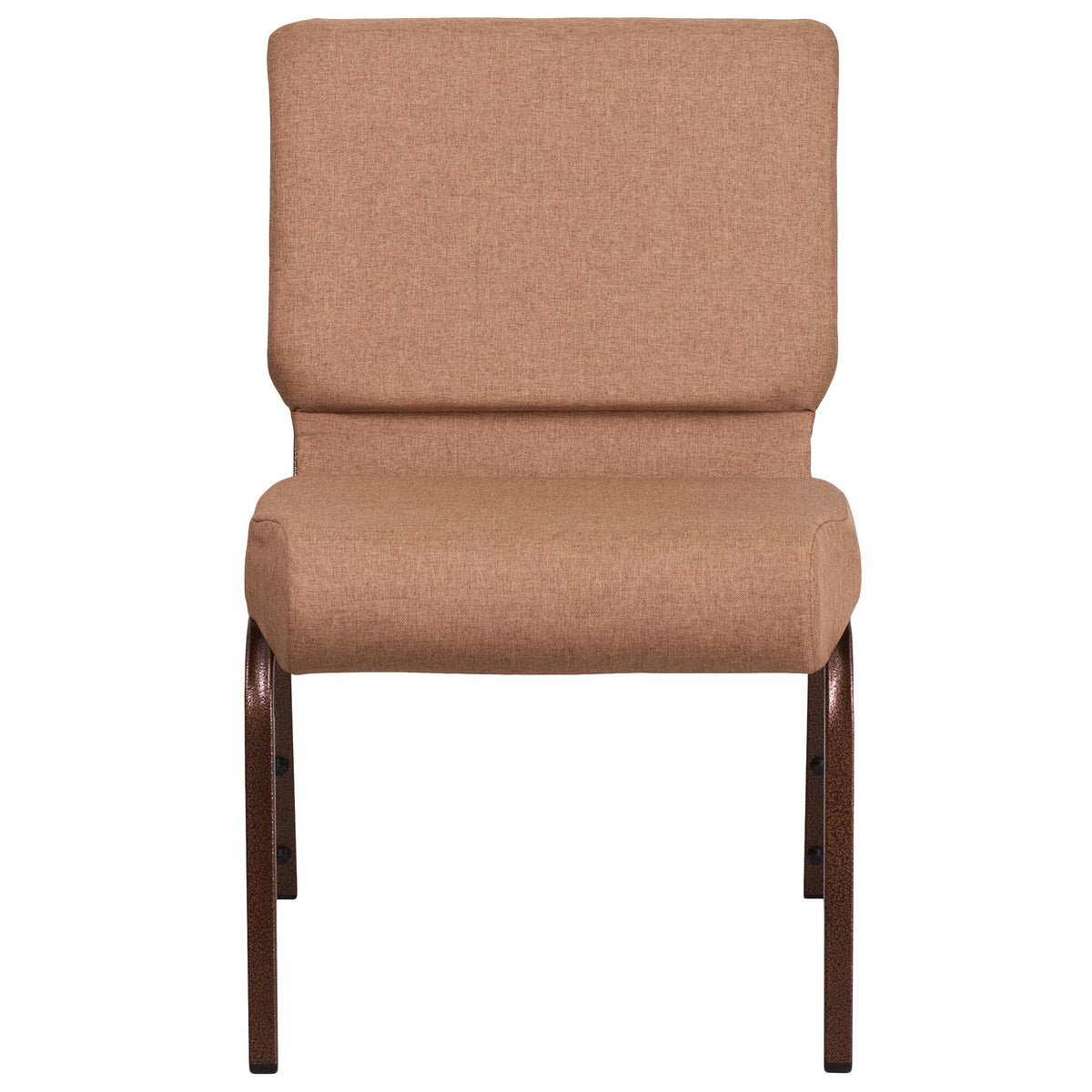 A brown church chair with a brown fabric seat and a copper vein metal frame.
