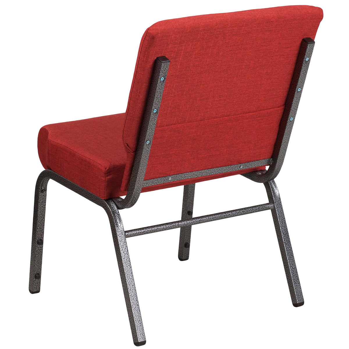A TITAN red church chair with metal legs.