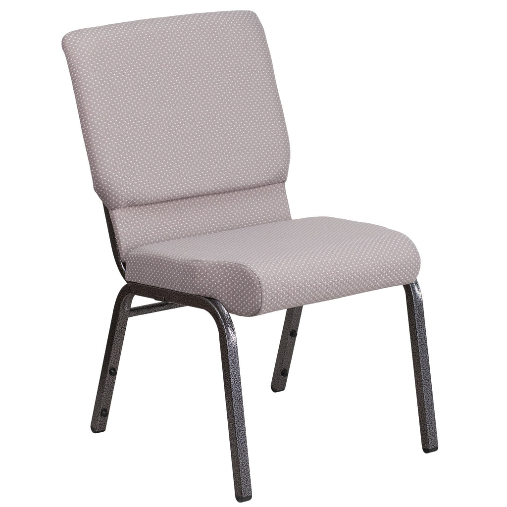 A TITAN gray fabric church chair with metal legs.