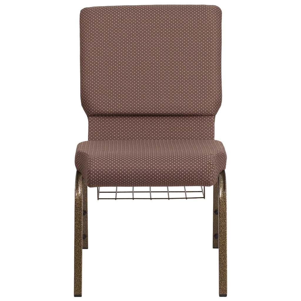 A TITAN church chair with a gold metal frame and brown fabric with white dots and a wire book rack.