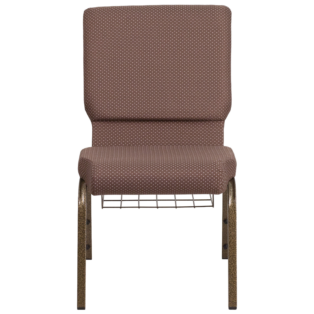 A TITAN church chair with a gold metal frame and brown fabric with white dots and a wire book rack.