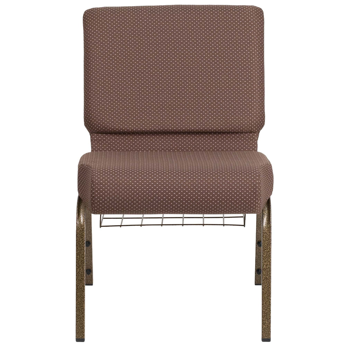 A brown church chair with a metal frame and white dots.