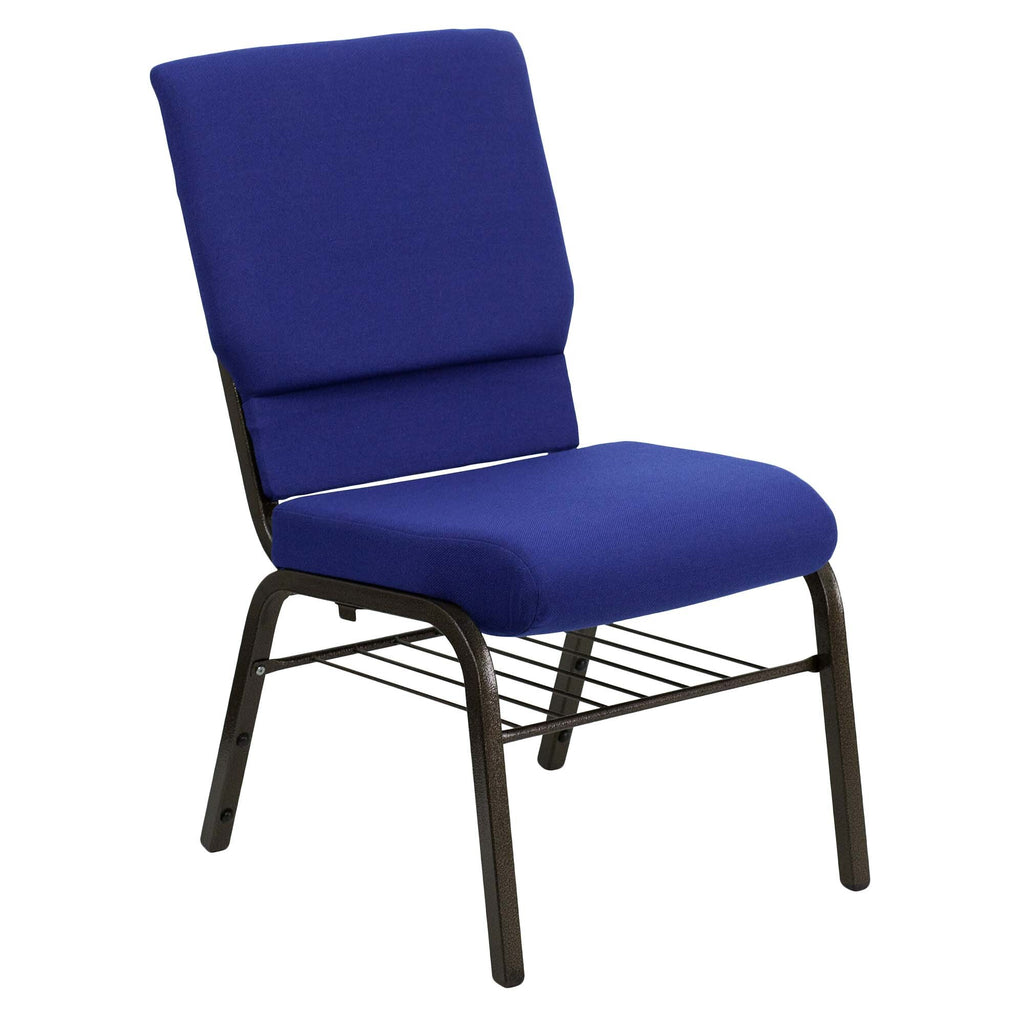 A navy blue church chair with a metal frame.