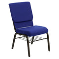 A navy blue church chair with a metal frame.