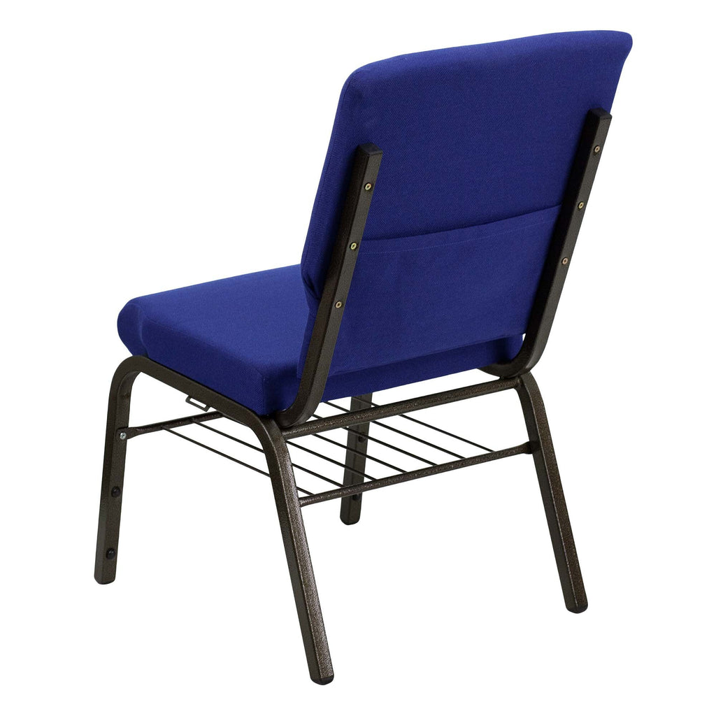 A navy blue church chair with a gold vein metal frame.