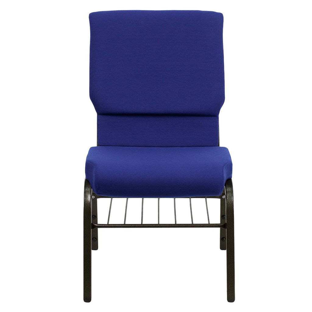 A navy blue TITAN church chair with a gold vein metal frame.