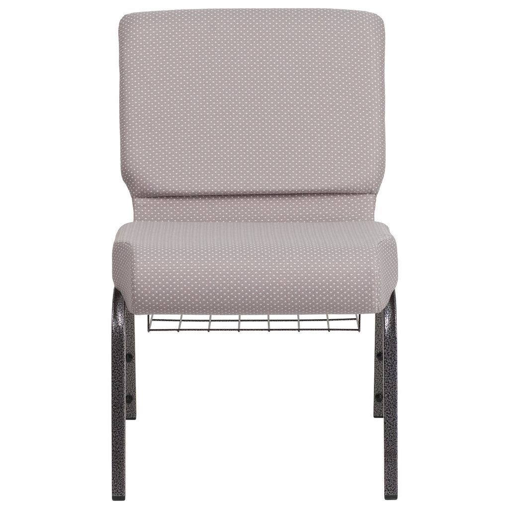A gray TITAN church chair with metal legs and a book rack.