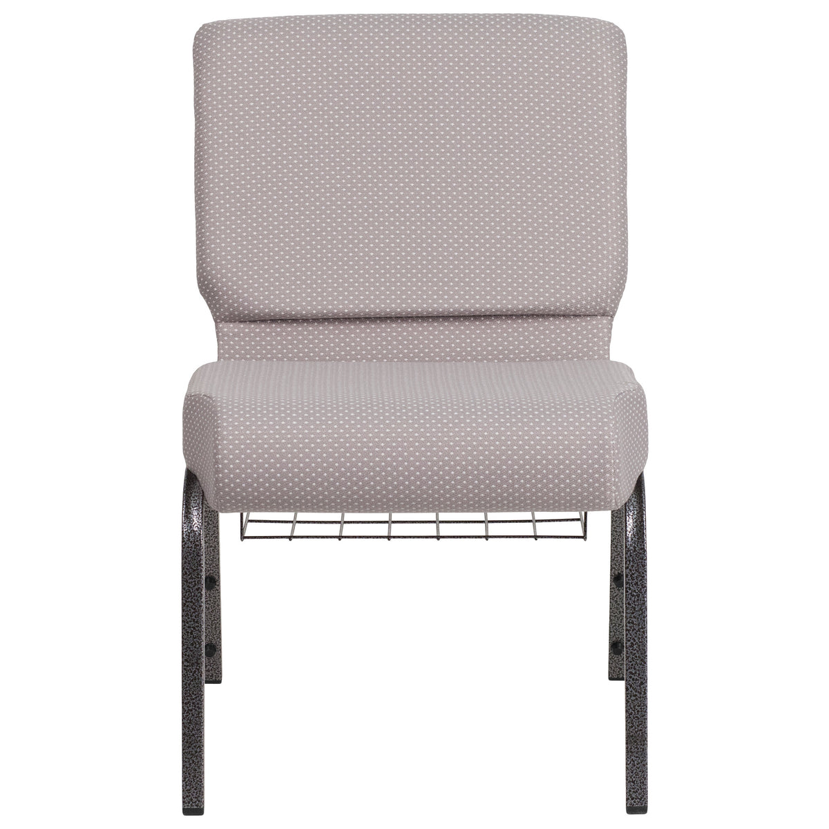 A gray TITAN church chair with metal legs and a book rack.