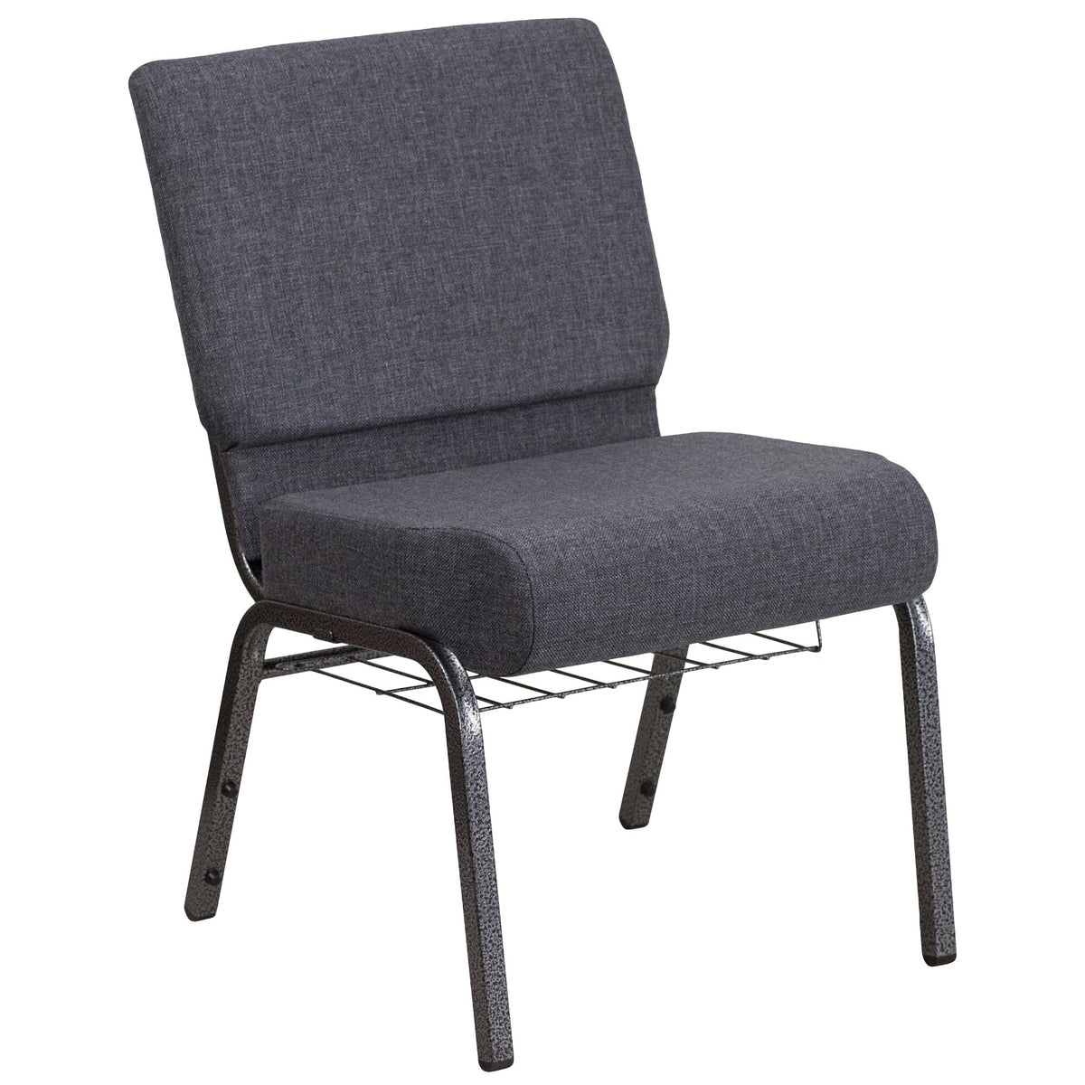 A TITAN dark gray church chair with a metal frame and wire book rack.