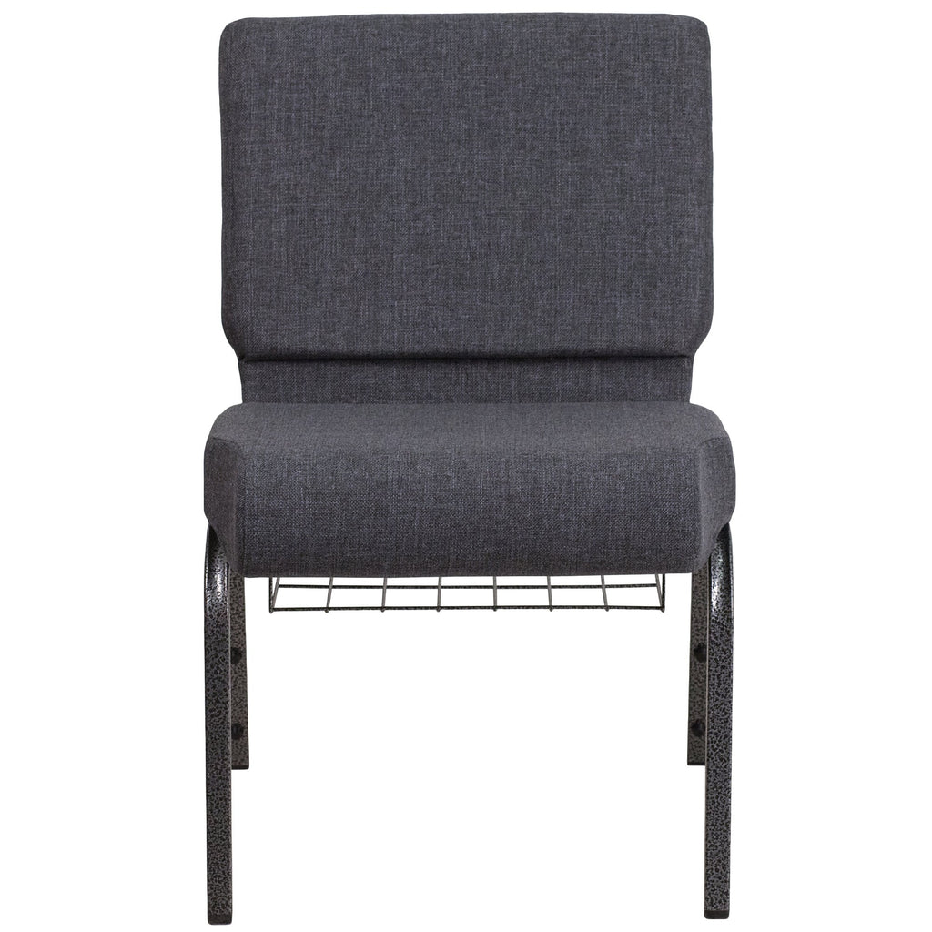 A TITAN dark gray church chair with metal legs and a book rack.