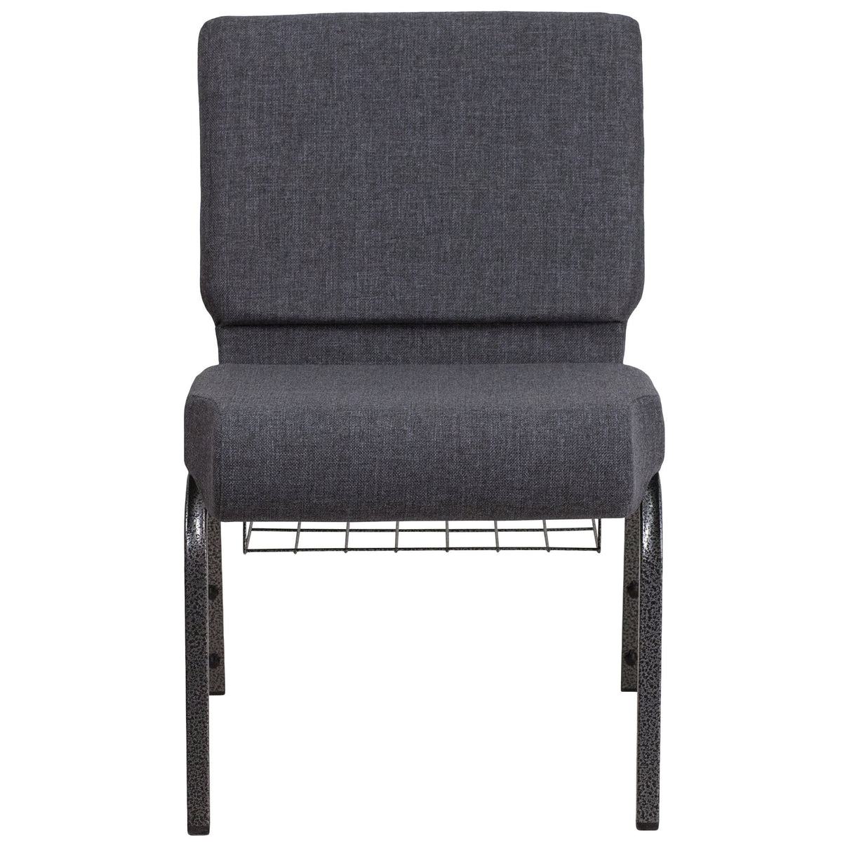 A TITAN dark gray church chair with metal legs and a book rack.