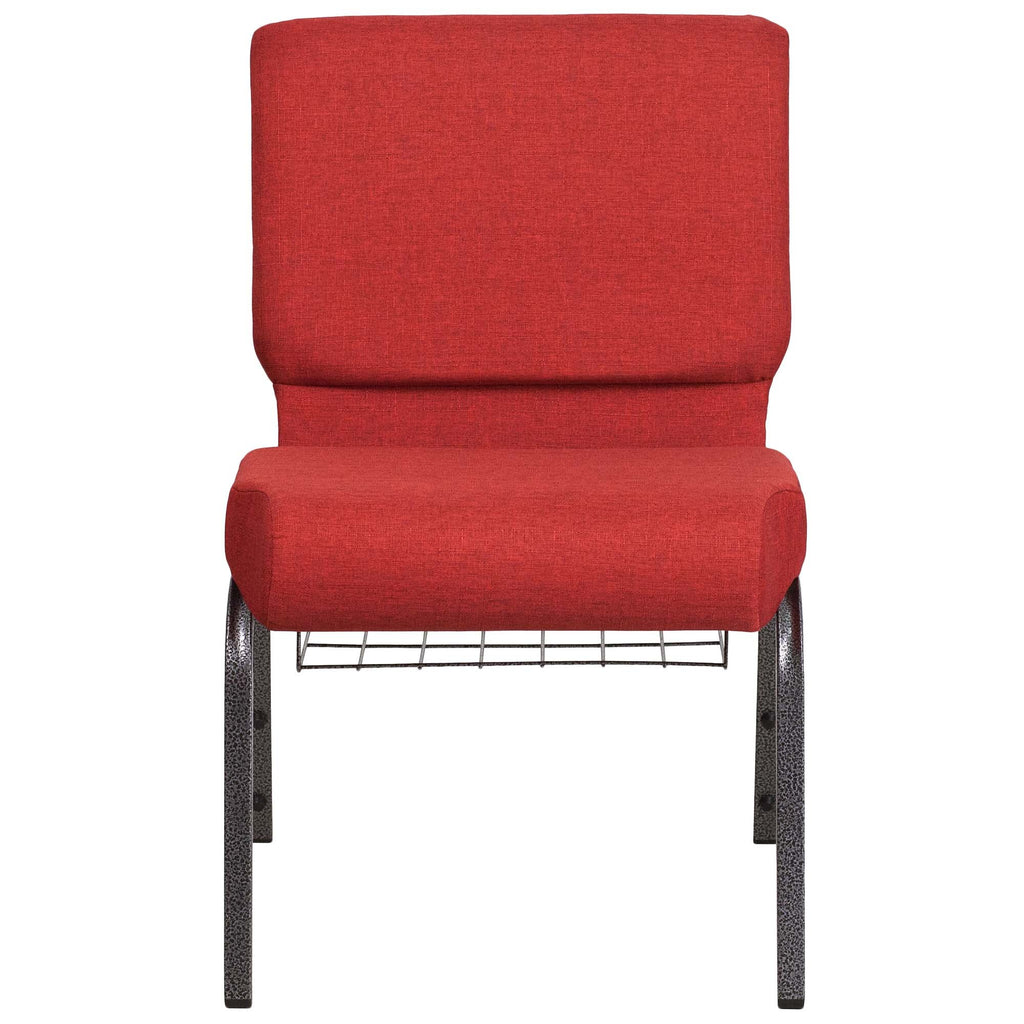 A TITAN red church chair with metal legs.
