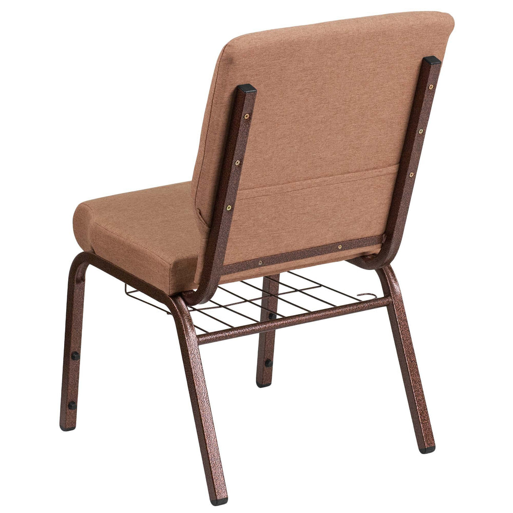 A TITAN Hercules Series Caramel church chair with a copper vein metal frame and book rack.