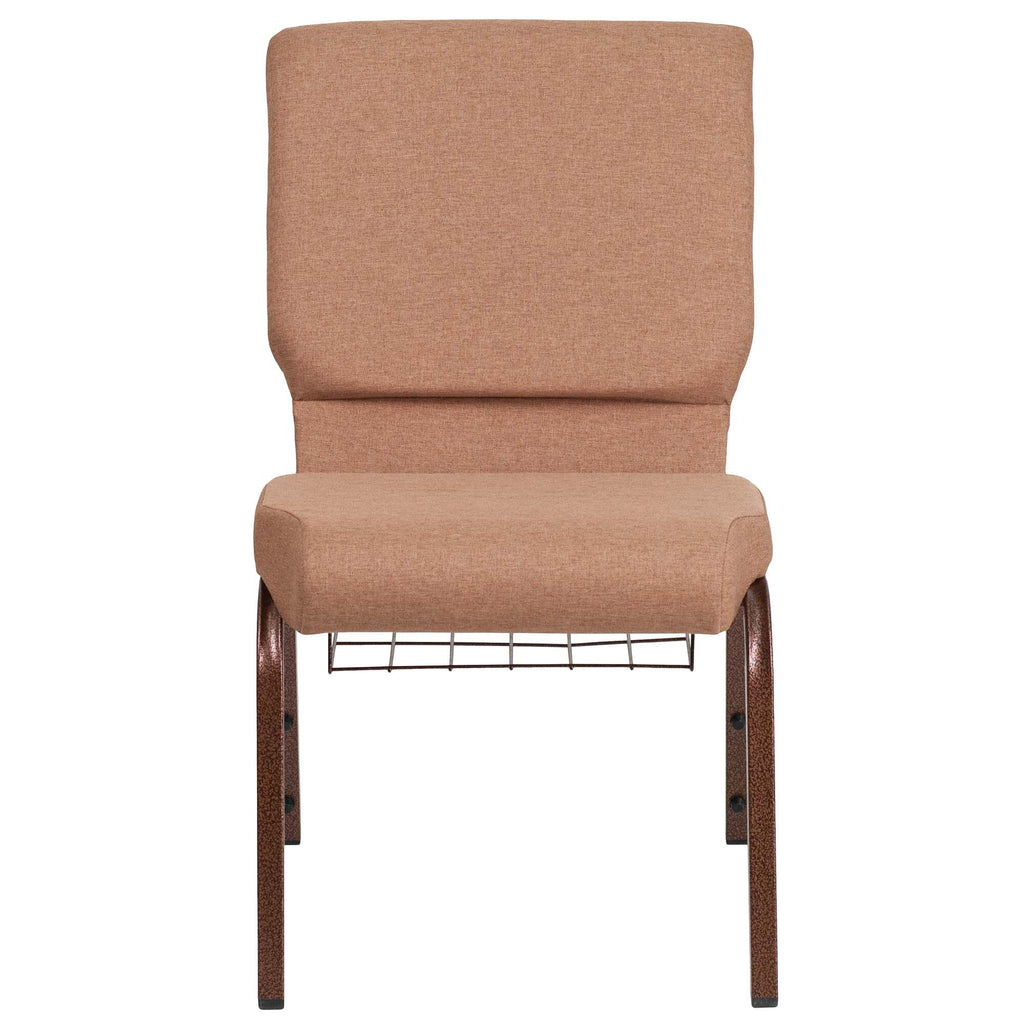 A brown TITAN church chair with a copper vein frame and wire book rack.