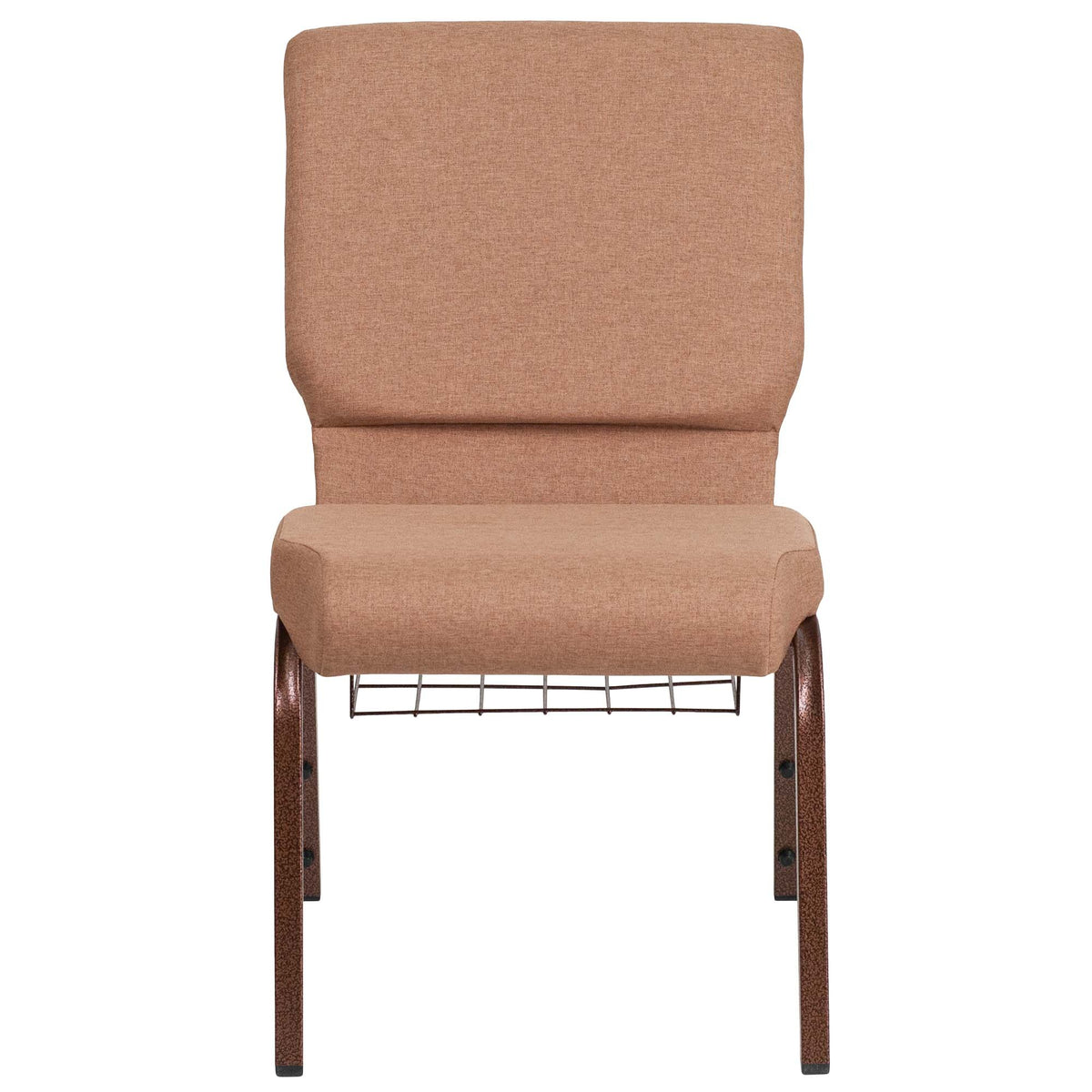 A brown TITAN church chair with a copper vein frame and wire book rack.