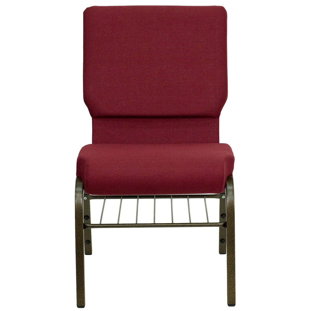 A TITAN burgundy church chair with metal legs.