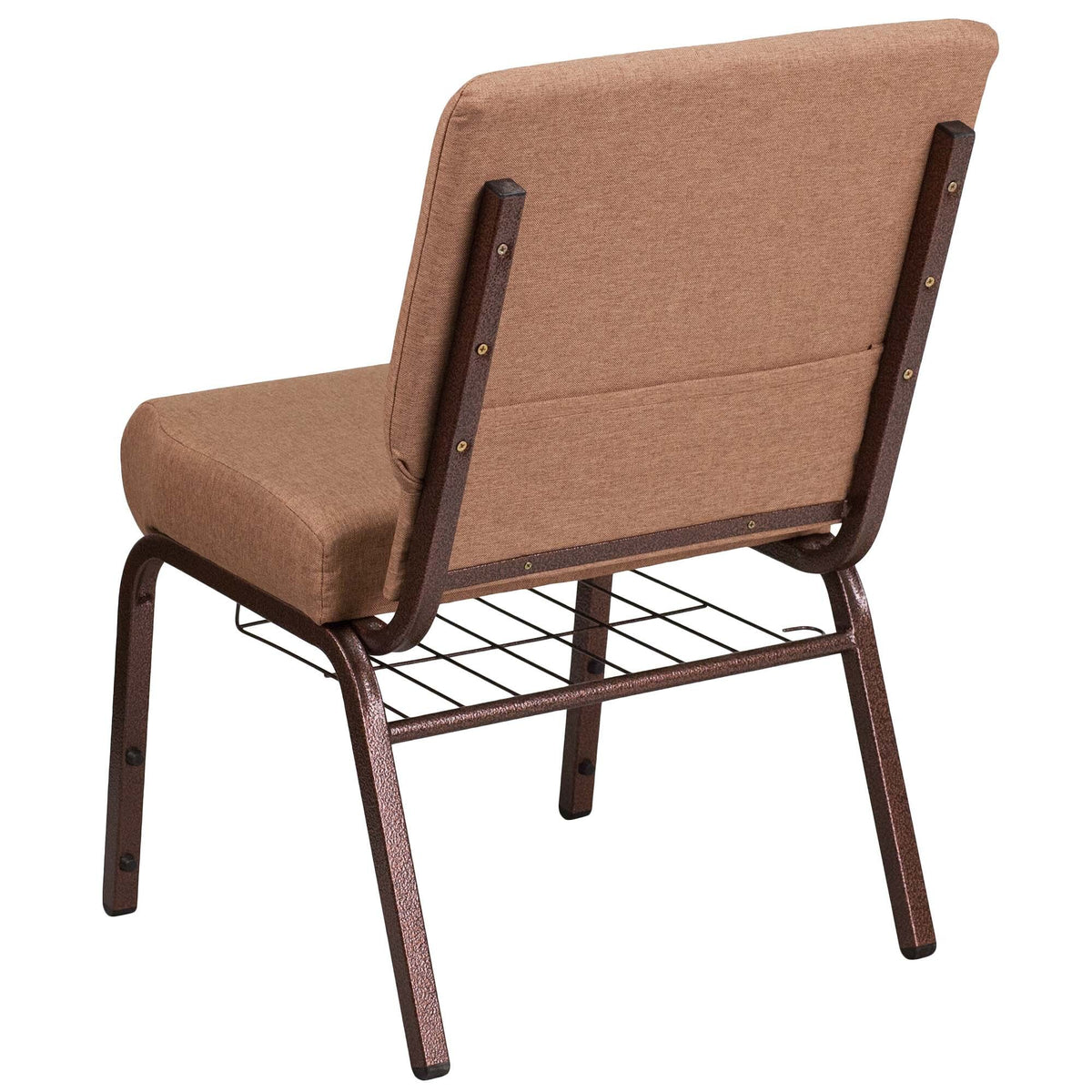 A TITAN Hercules Series Caramel church chair with a metal frame and metal legs.