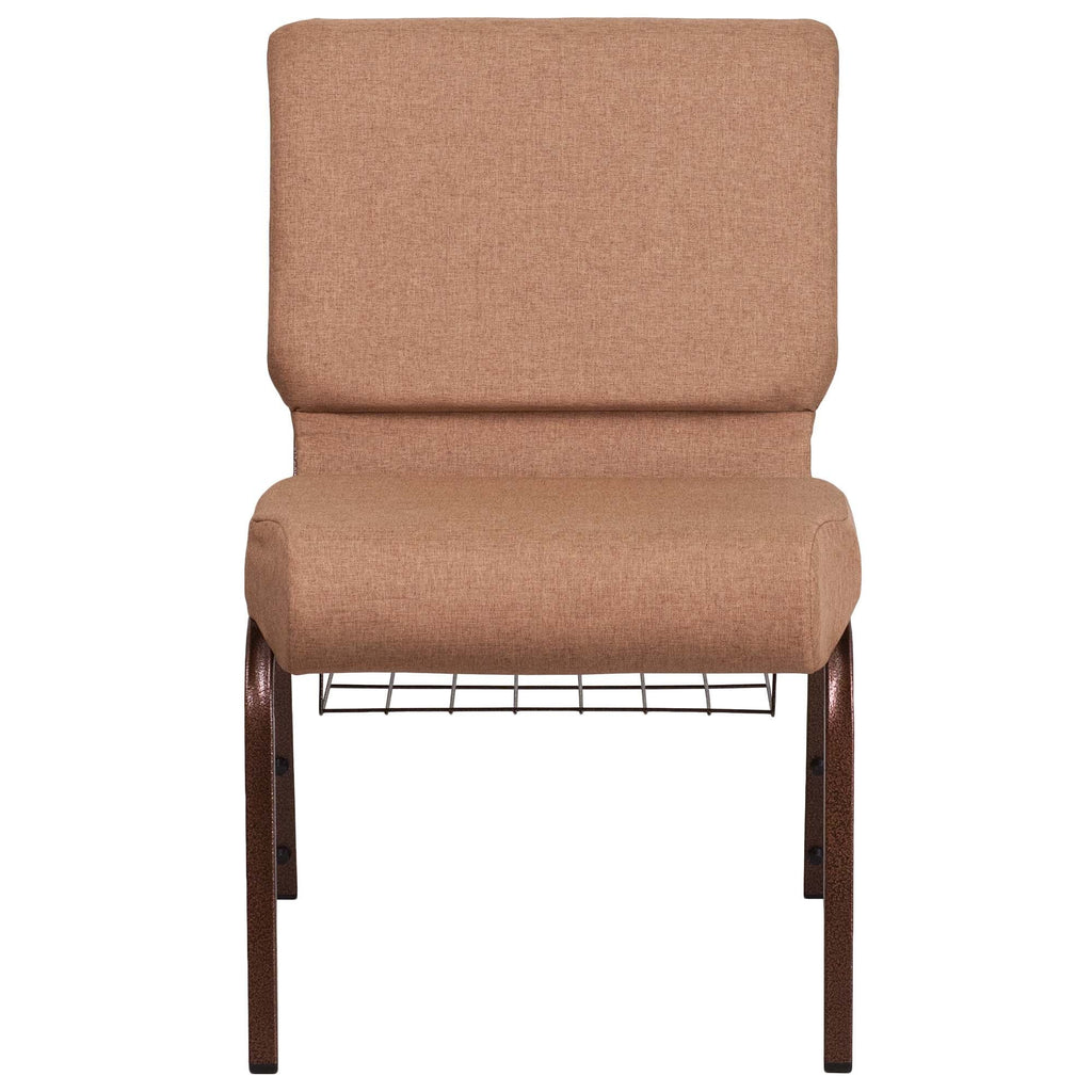 A brown TITAN church chair with metal legs and a book rack.