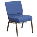 A blue TITAN church chair with metal legs and a wire book rack.
