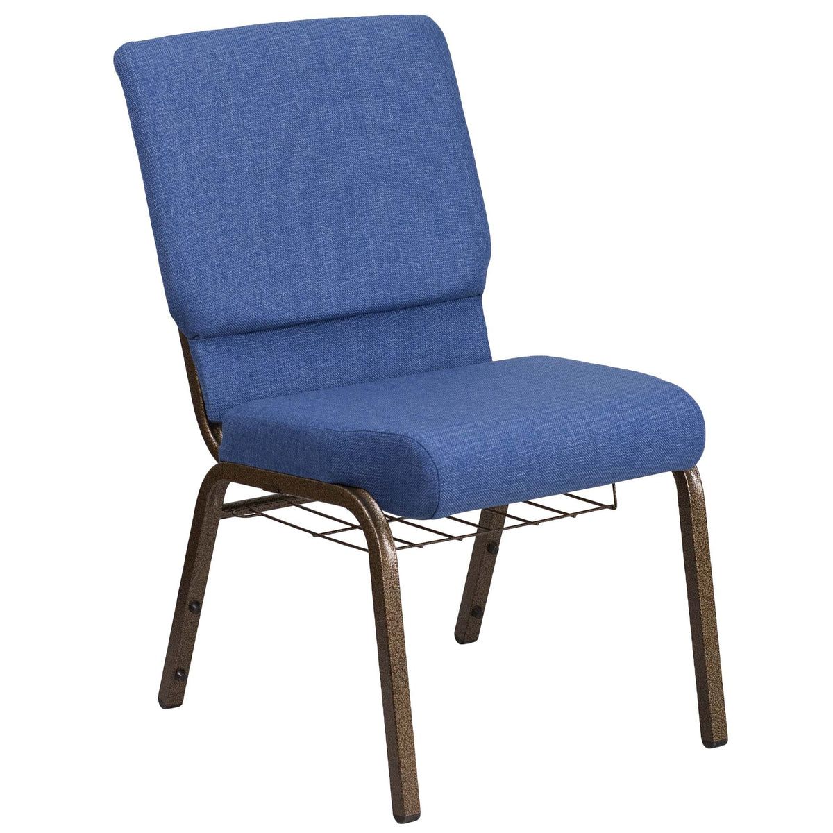 A blue church chair with a metal frame.