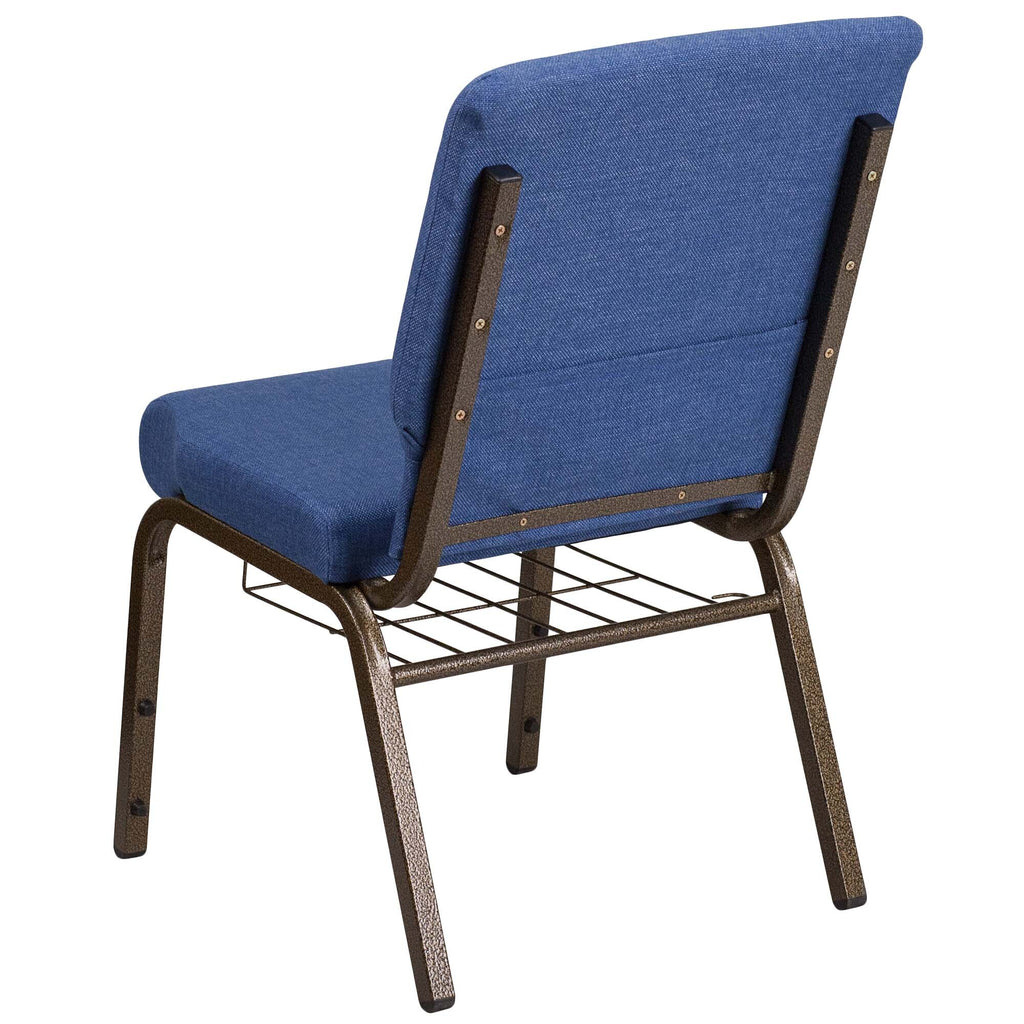 A TITAN blue church chair with a metal frame.