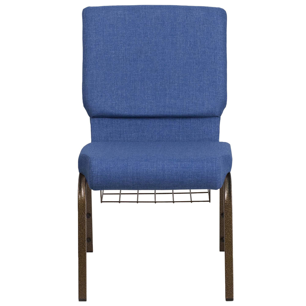 A TITAN blue church chair with a metal frame.