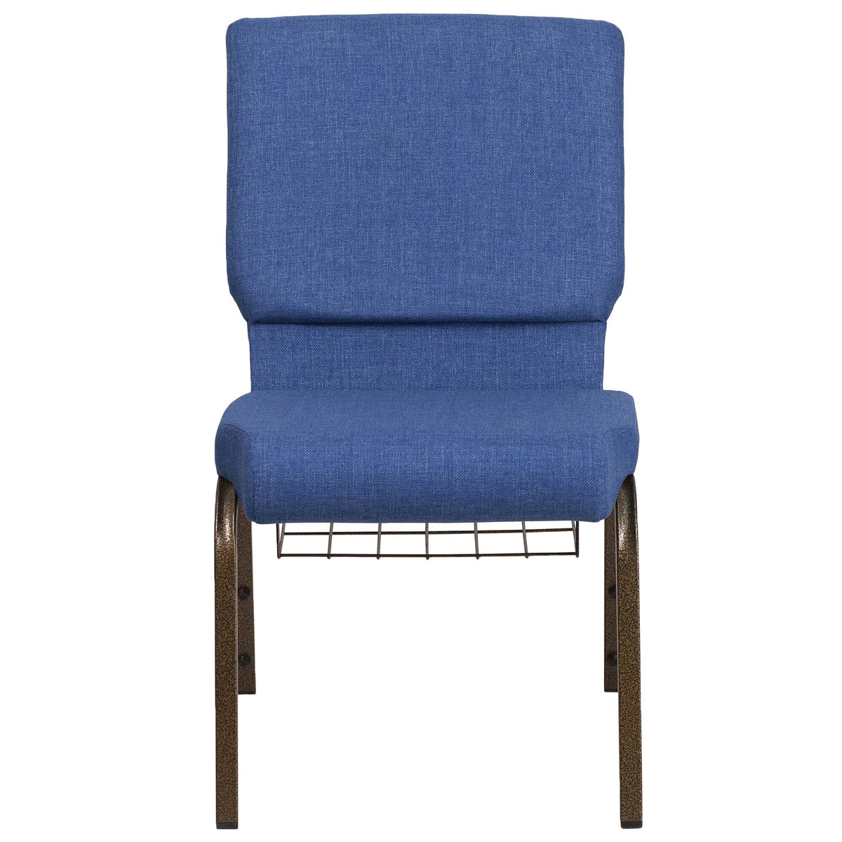A TITAN blue church chair with a metal frame.