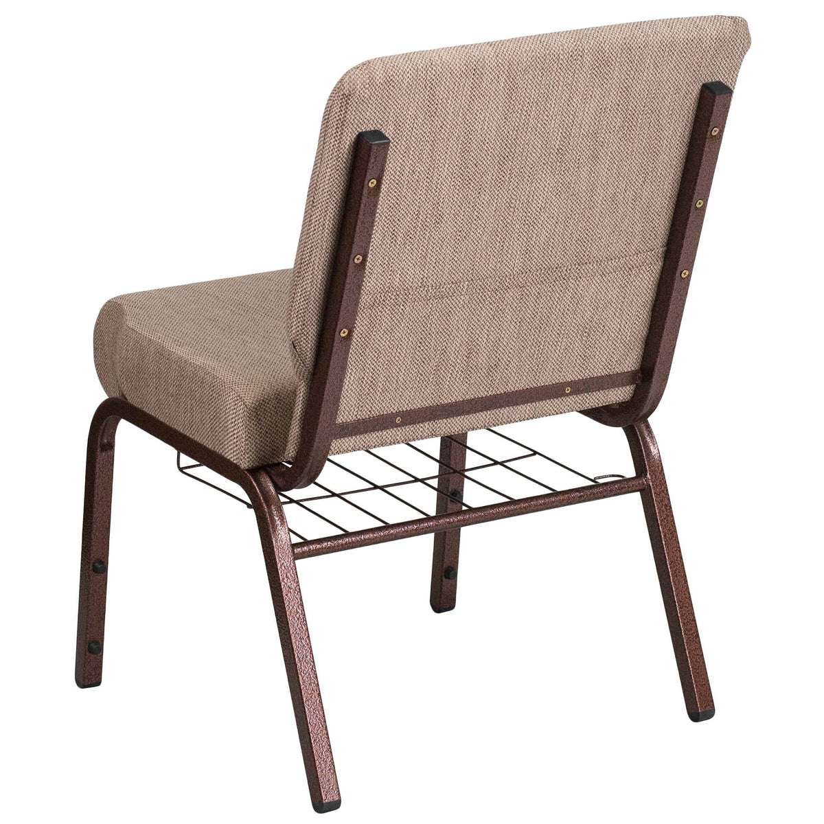 A TITAN beige church chair with a metal frame and book rack.