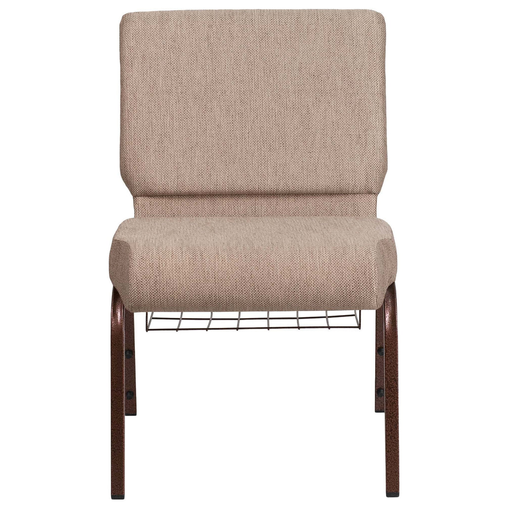 A tan TITAN church chair with metal legs and a wooden book rack.