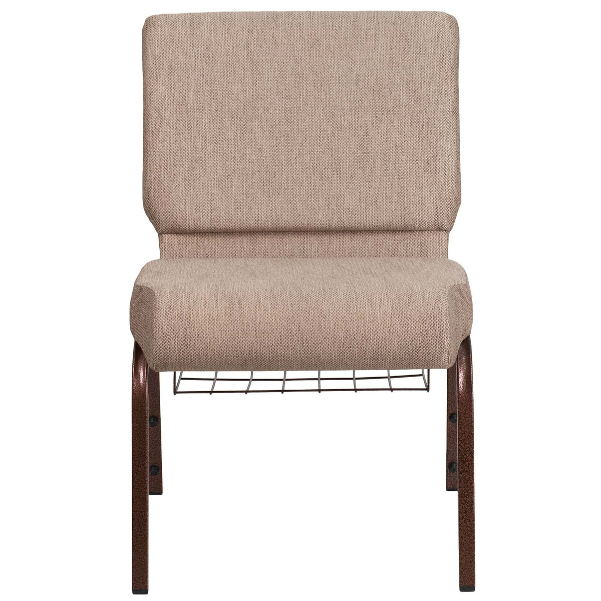 A tan TITAN church chair with metal legs and a wooden book rack.