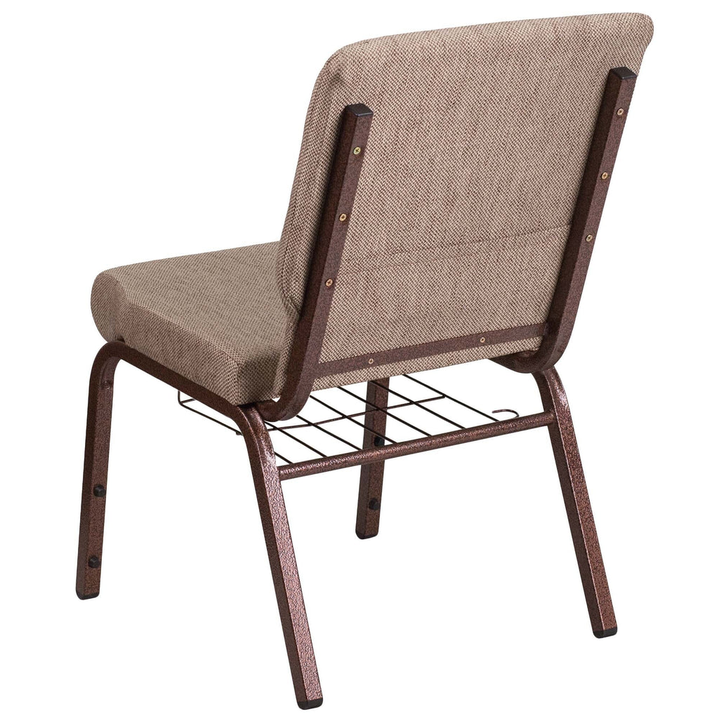 A beige church chair with a metal frame.