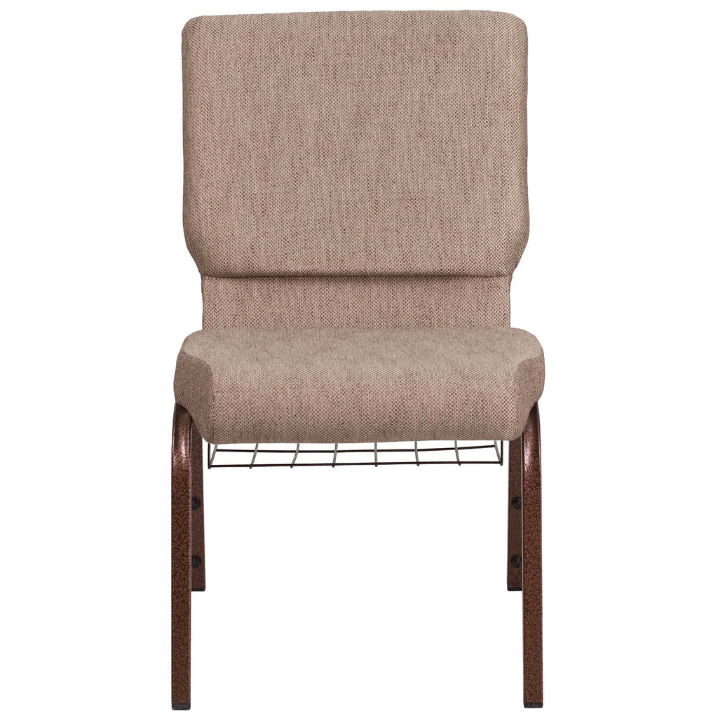A beige TITAN church chair with a copper vein metal frame and book rack.