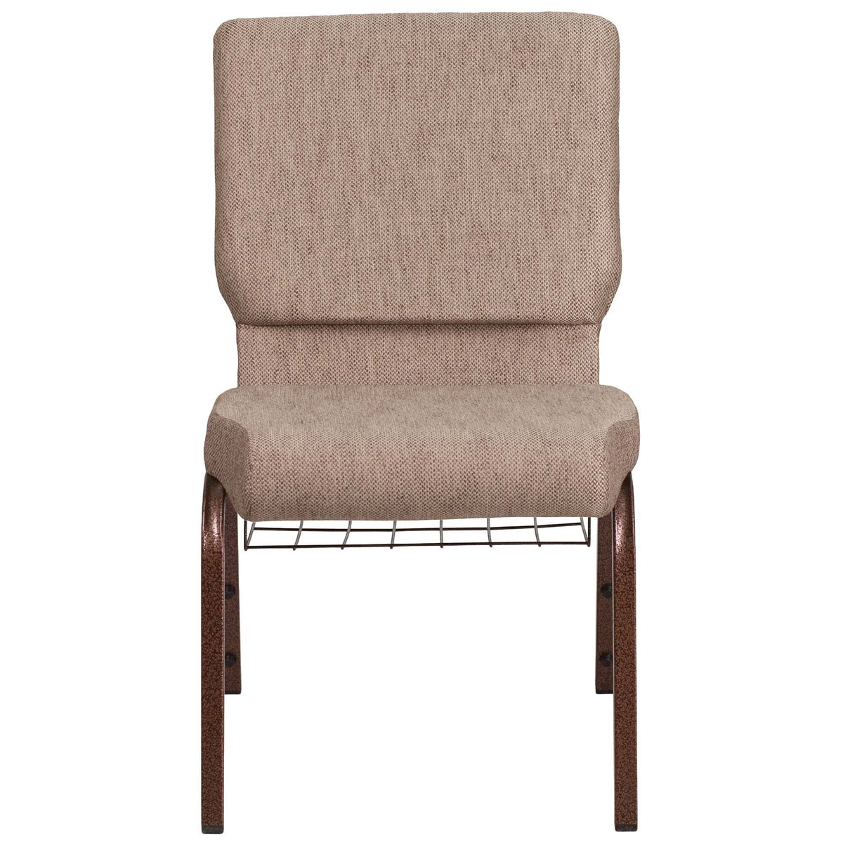 A beige TITAN church chair with a copper vein metal frame and book rack.