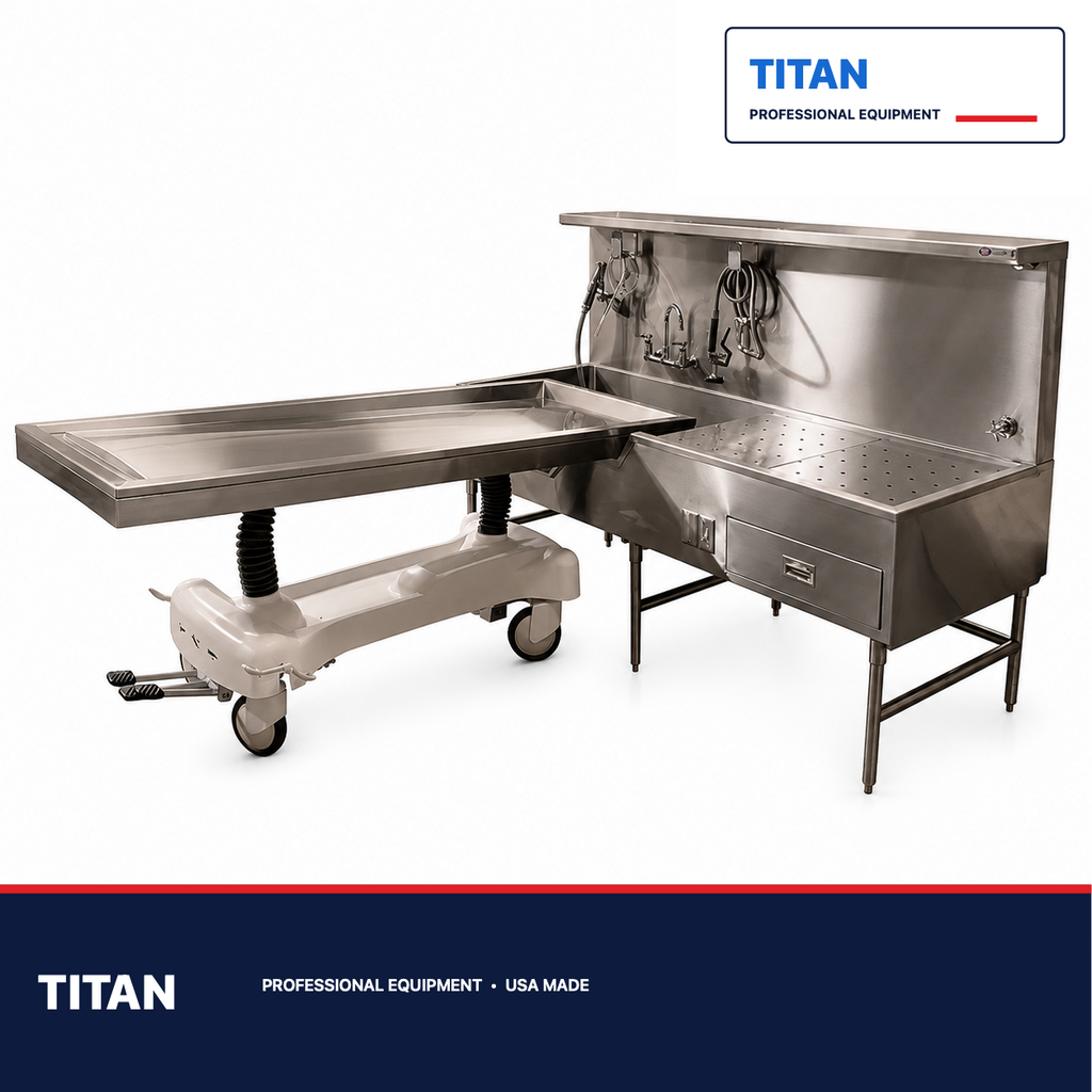 TITAN 1036-8L Left-Hand Embalming Sink Station — professional mortuary equipment by TITAN