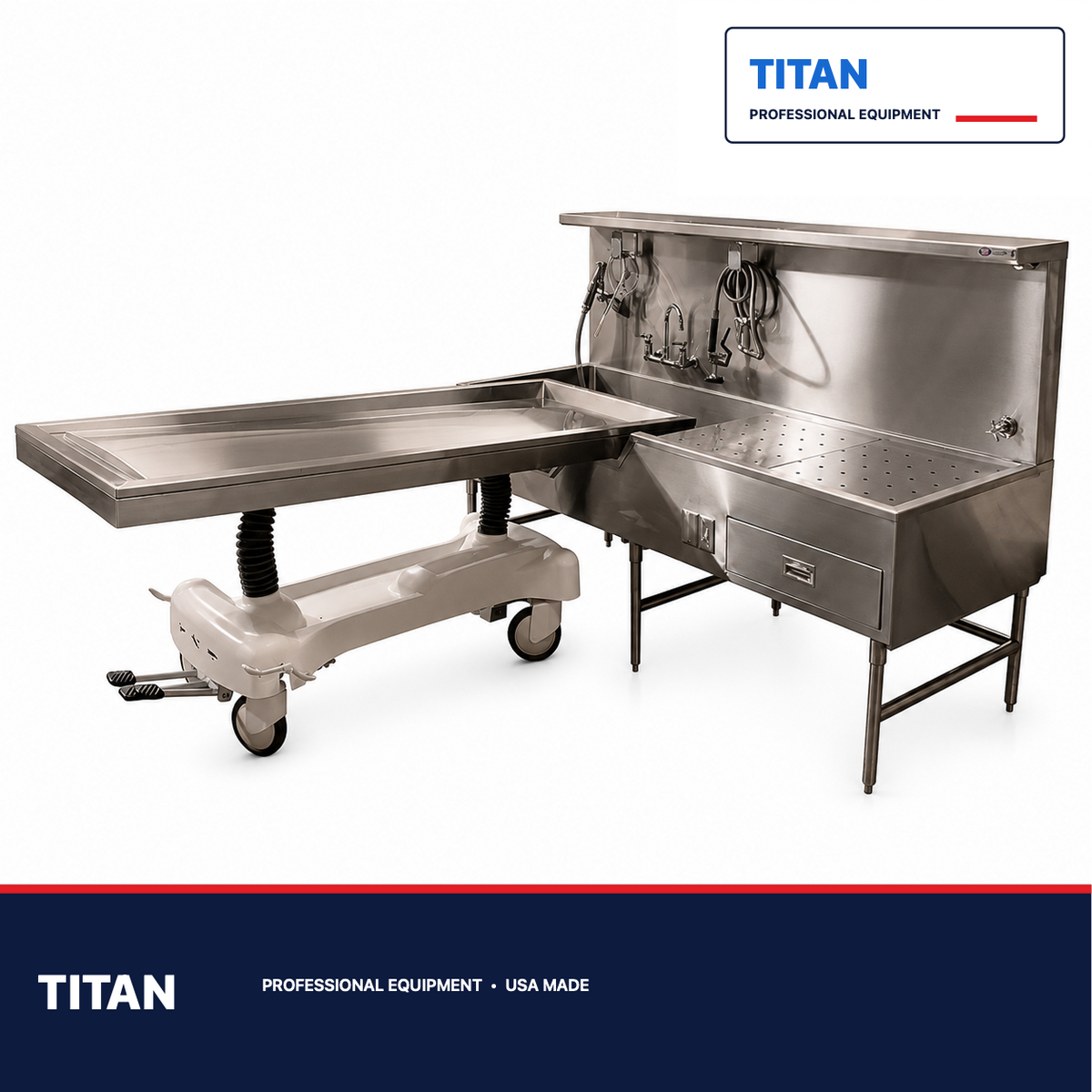 TITAN 1036-8L Left-Hand Embalming Sink Station — professional mortuary equipment by TITAN