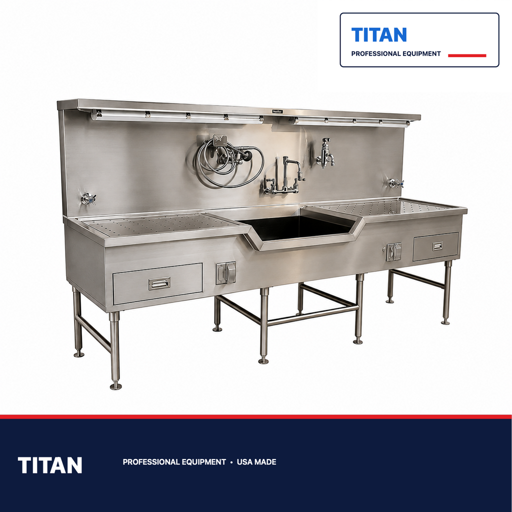 TITAN Autopsy Station with Center Sink — professional mortuary equipment by TITAN