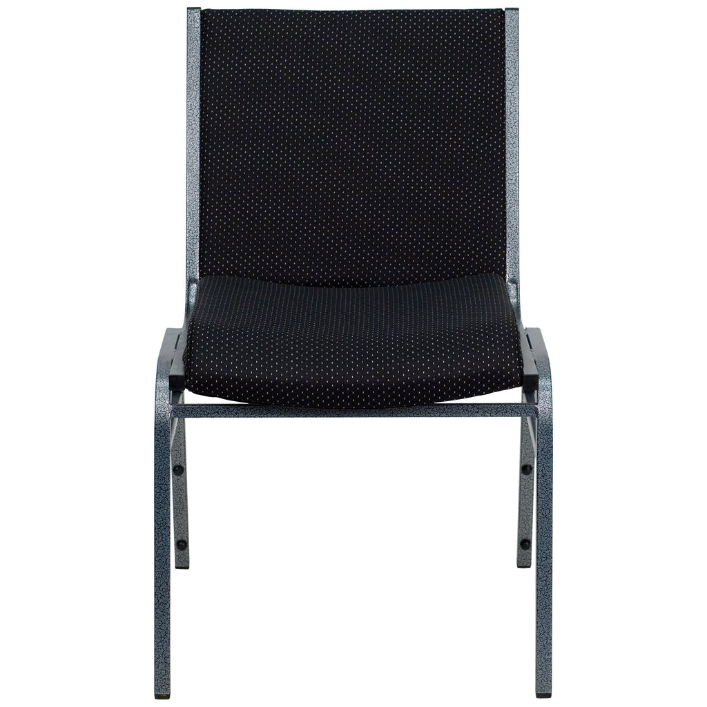 A black and grey TITAN Hercules series stack chair with black dot fabric.