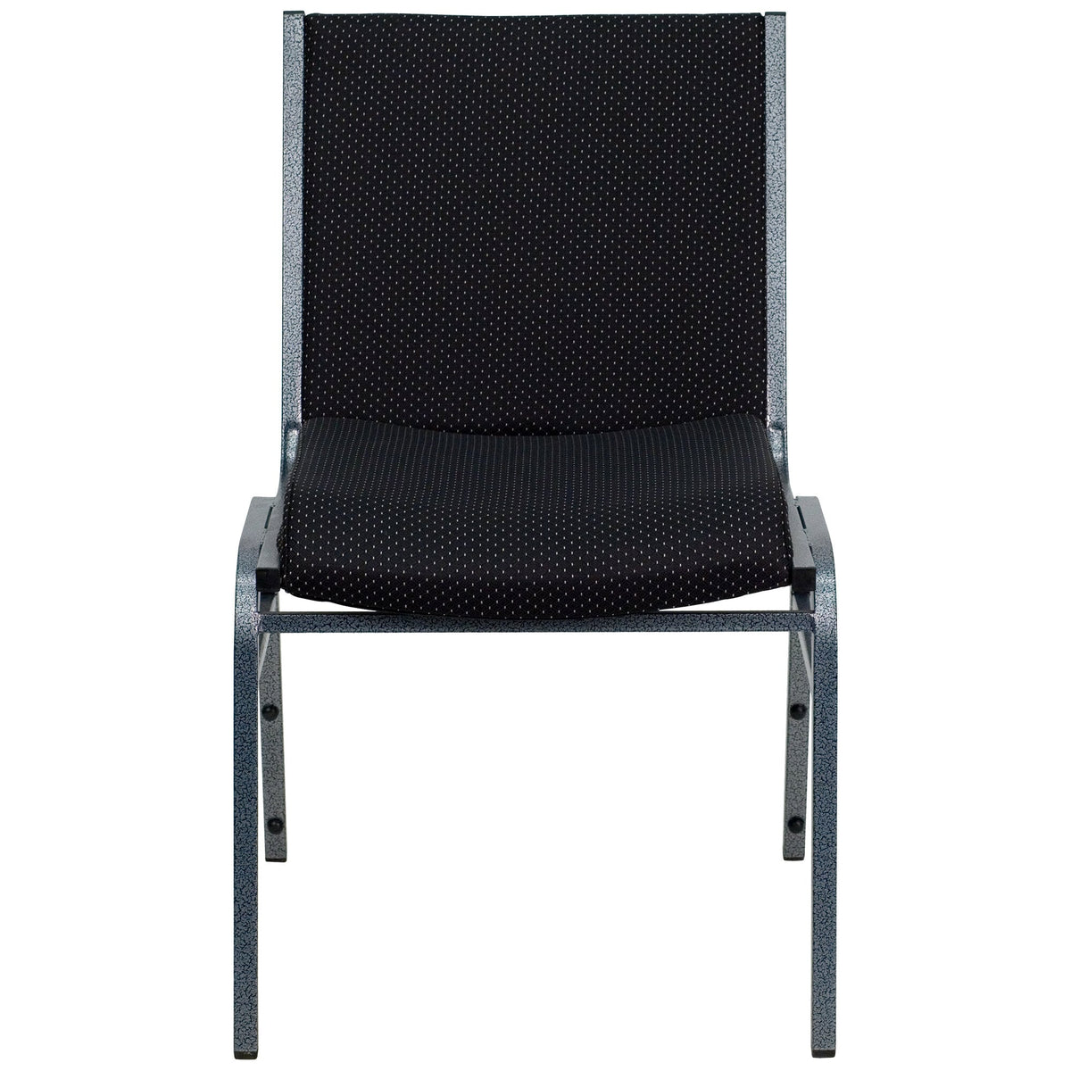 A black and grey TITAN Hercules series stack chair with black dot fabric.