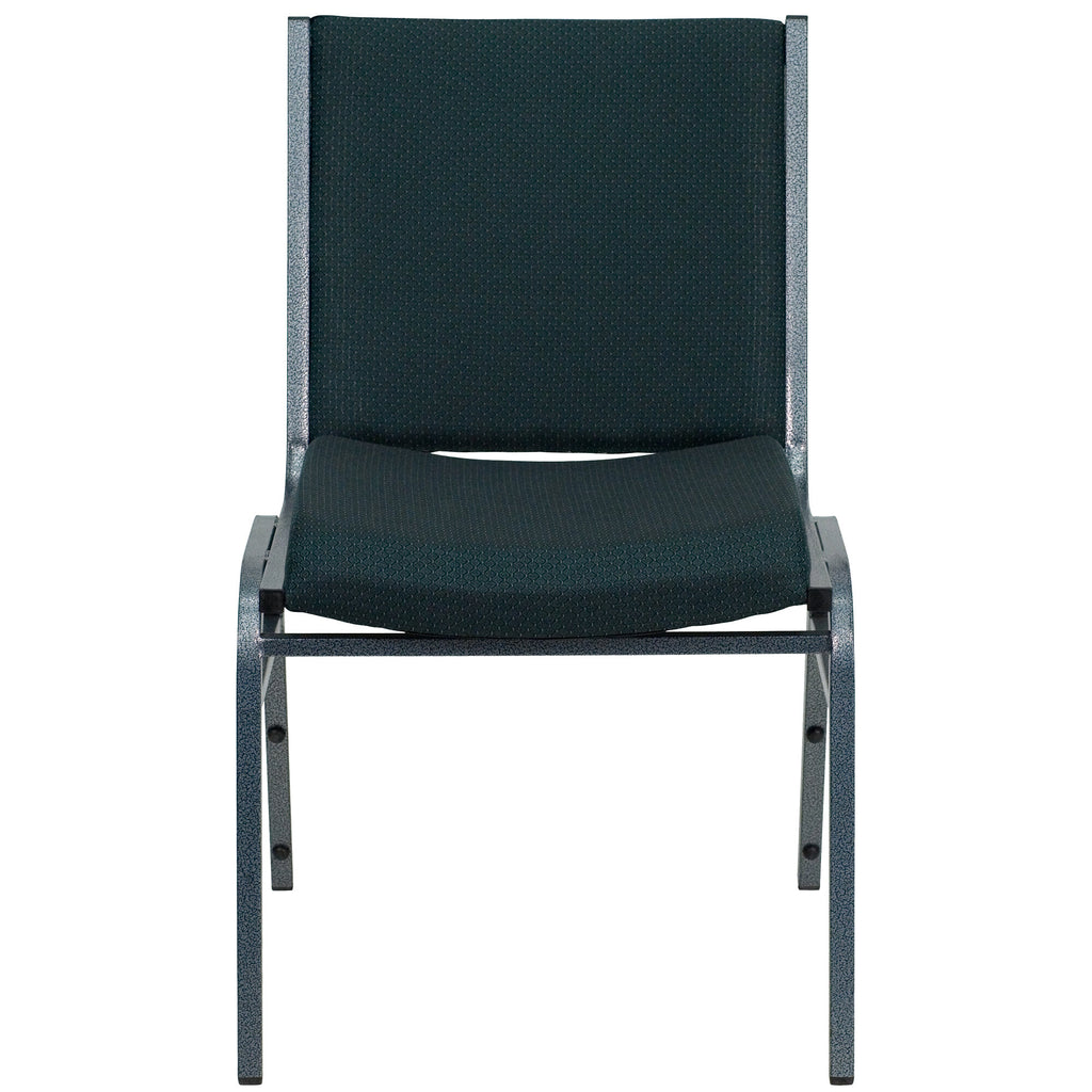 A black chair with a green patterned cushion.