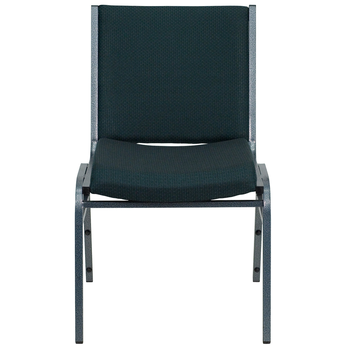 A black chair with a green patterned cushion.