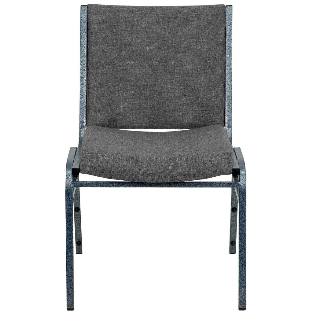 A gray TITAN stack chair with a metal frame and gray fabric.