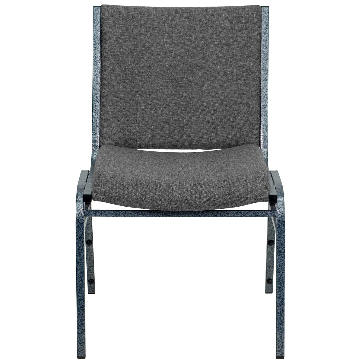 A gray TITAN stack chair with a metal frame and gray fabric.